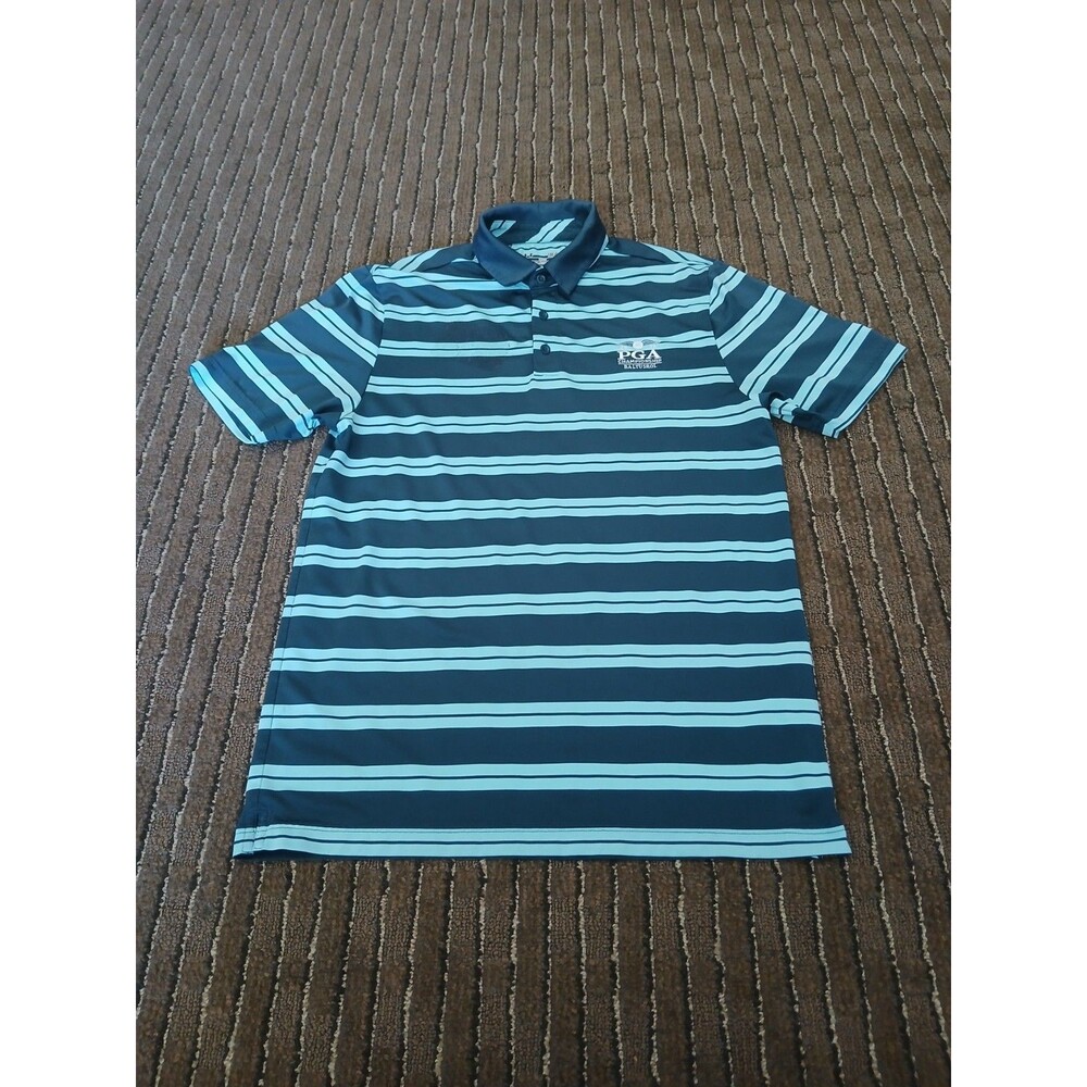 Under Armour HeatGear Loose Striped Polo Golf Shirt Men's Small Sports * LOGO*